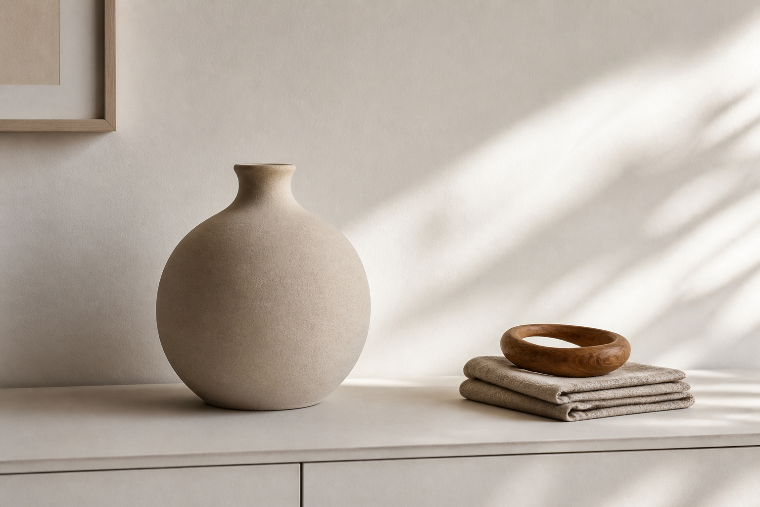 Minimalistische Dekoration aus Holz Leinen und Keramik