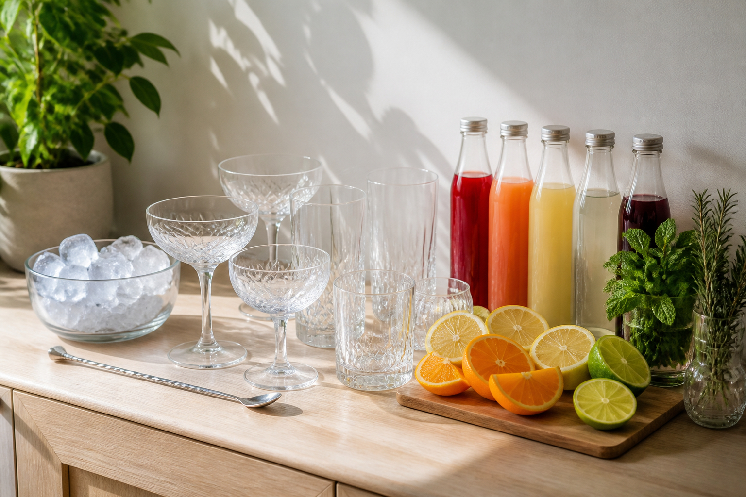 Alkoholfreie Hausbar mit Zutaten und Cocktailgläsern