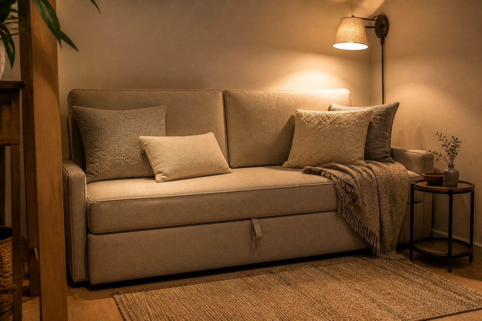 Stilvolle kleine Gästeecke mit Schlafsofa und Wandlampe
