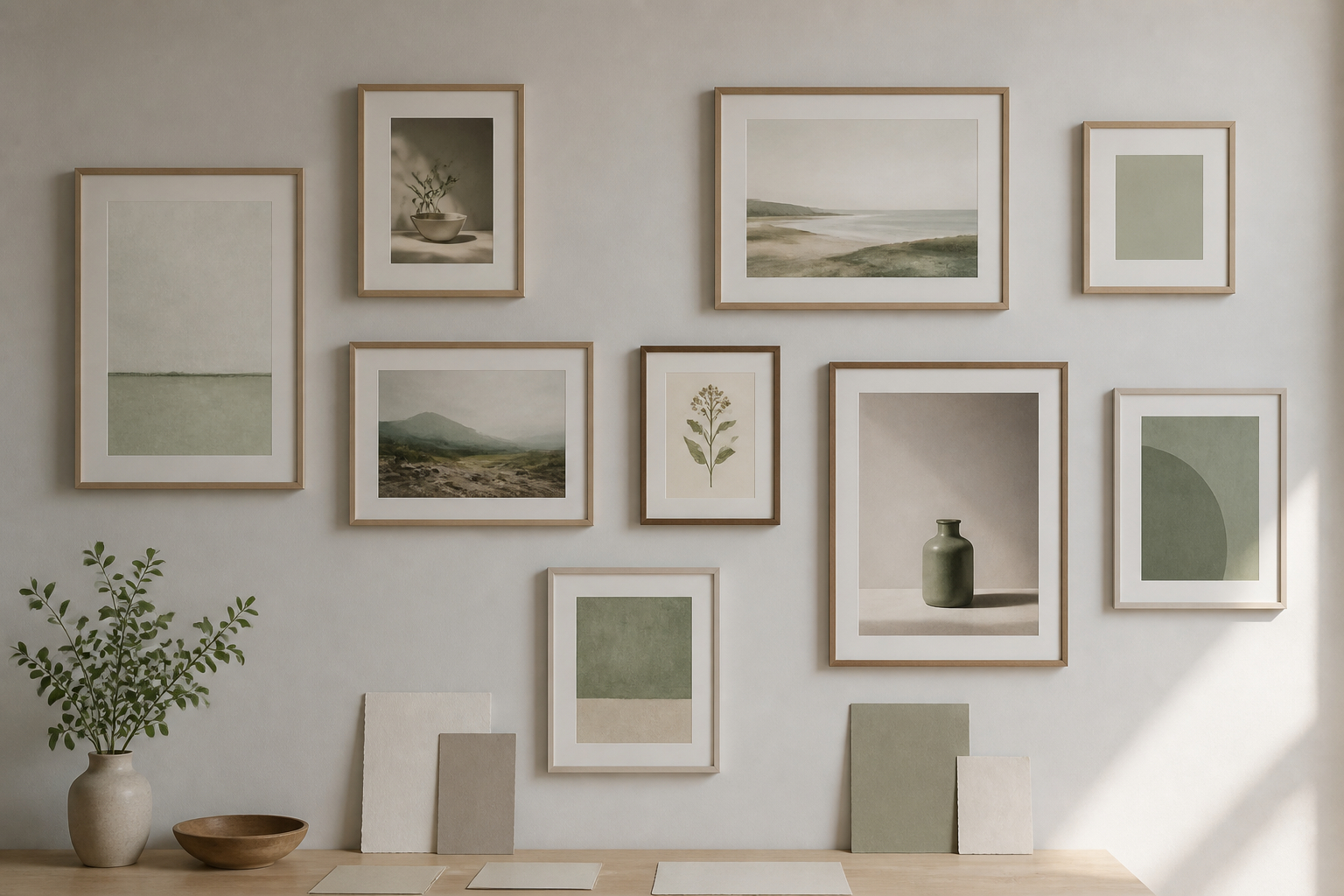 Bilderwand mit selbst gestaltetem Schablonenmotiv und Fotos