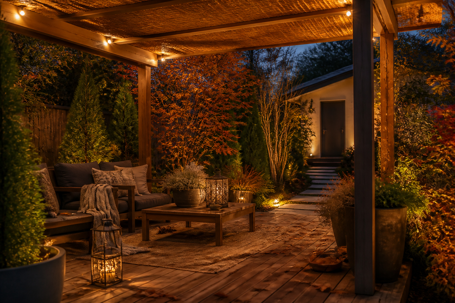 Terrasse mit Solarbeleuchtung für gemütliche Abende im Herbst