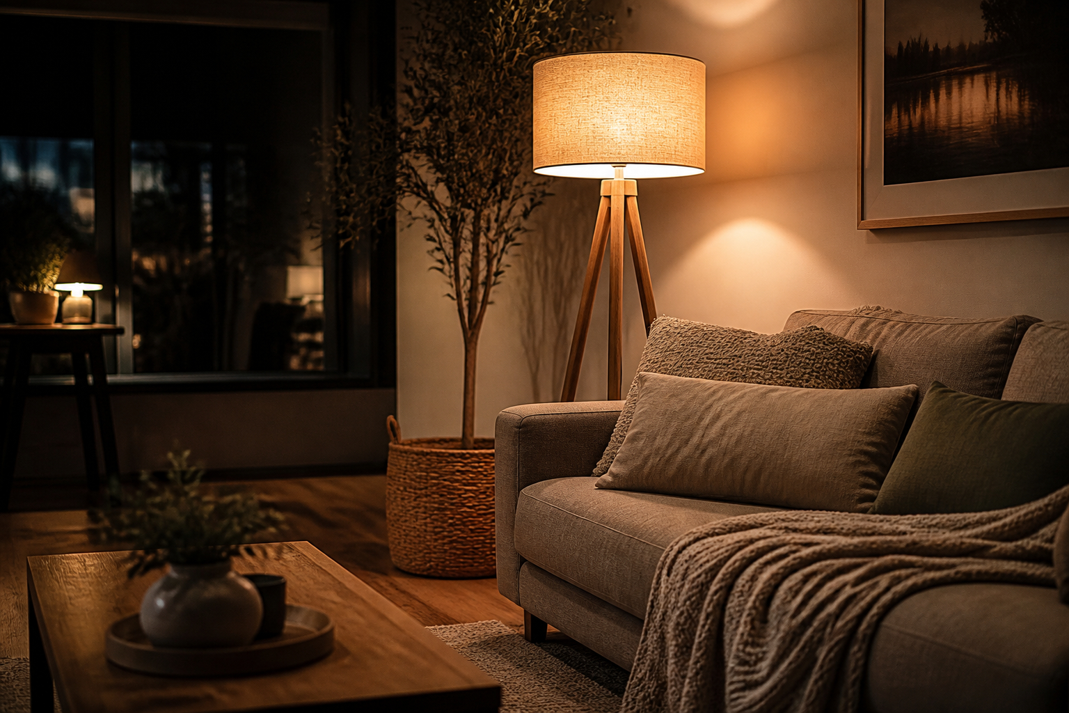 Gemütliches Wohnzimmer mit warmer Stehlampe am Abend