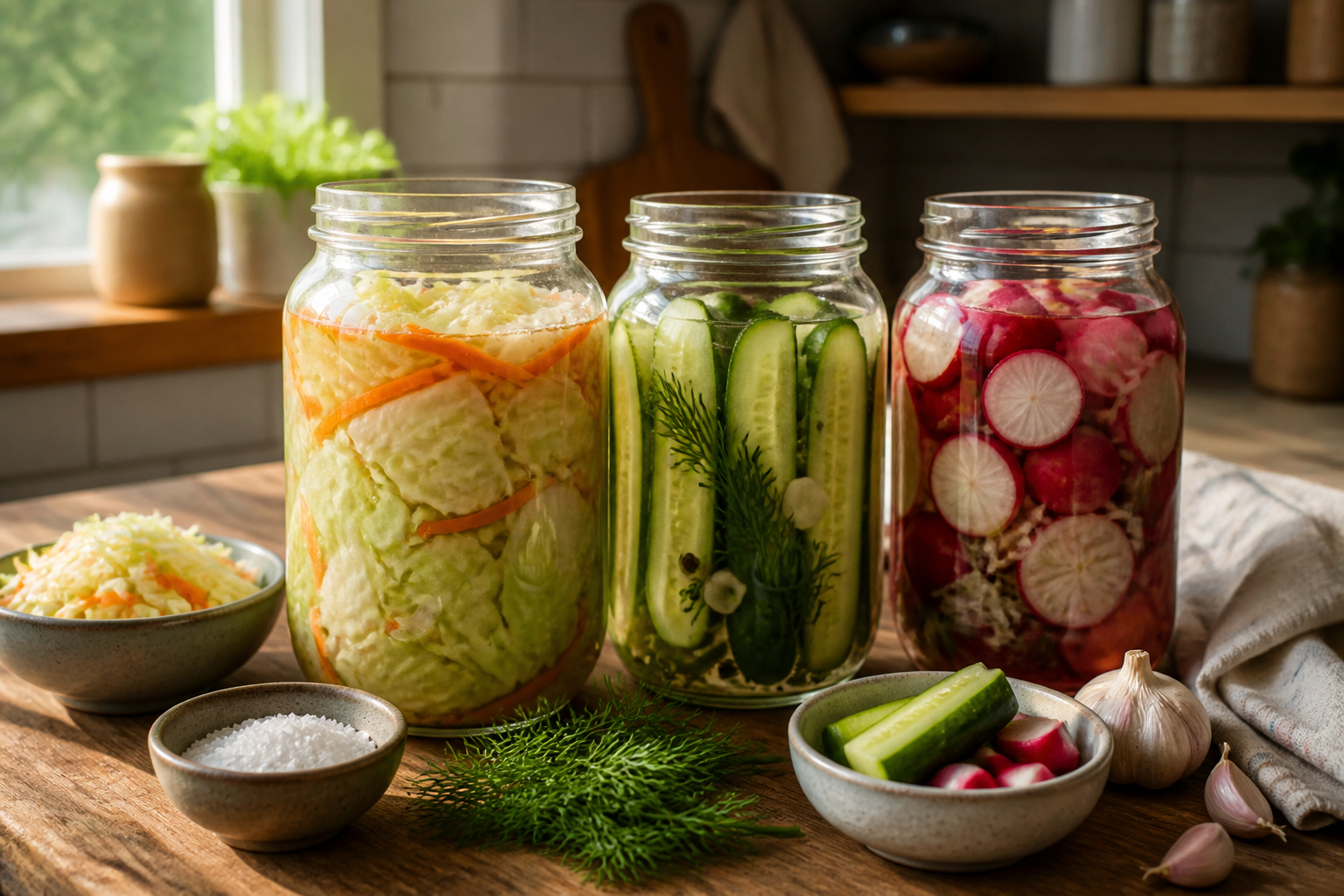 Fertige fermentierte Lebensmittel im Kühlschrank
