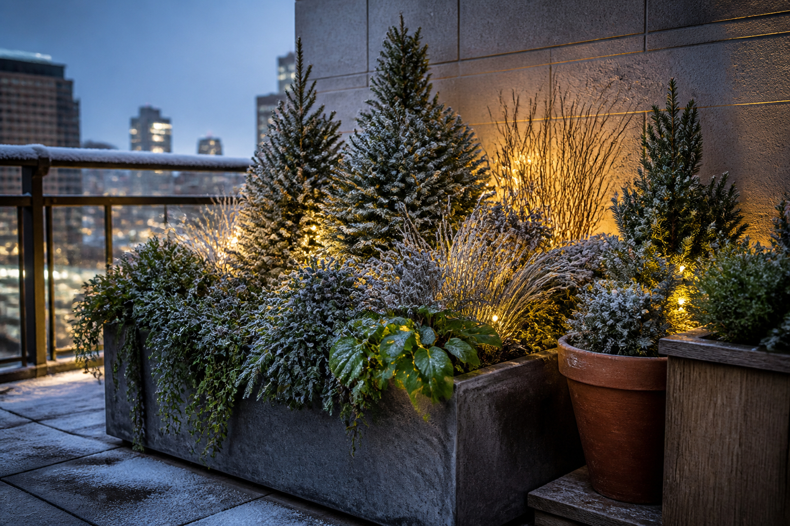 Winterlicher Balkon mit immergrünen Pflanzen und Frostschutz