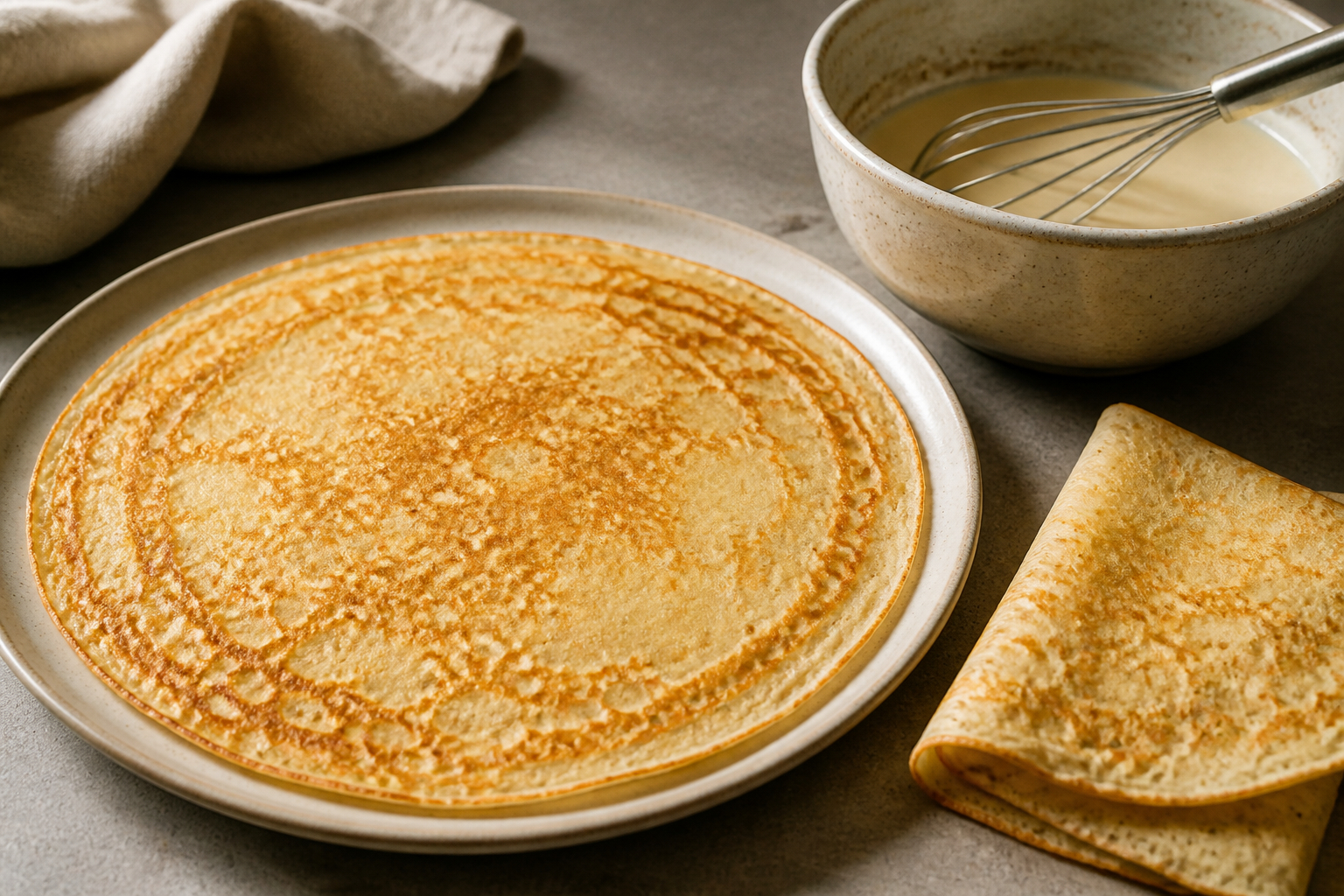 Hauchdünne goldbraune Crêpes mit Teigschüssel