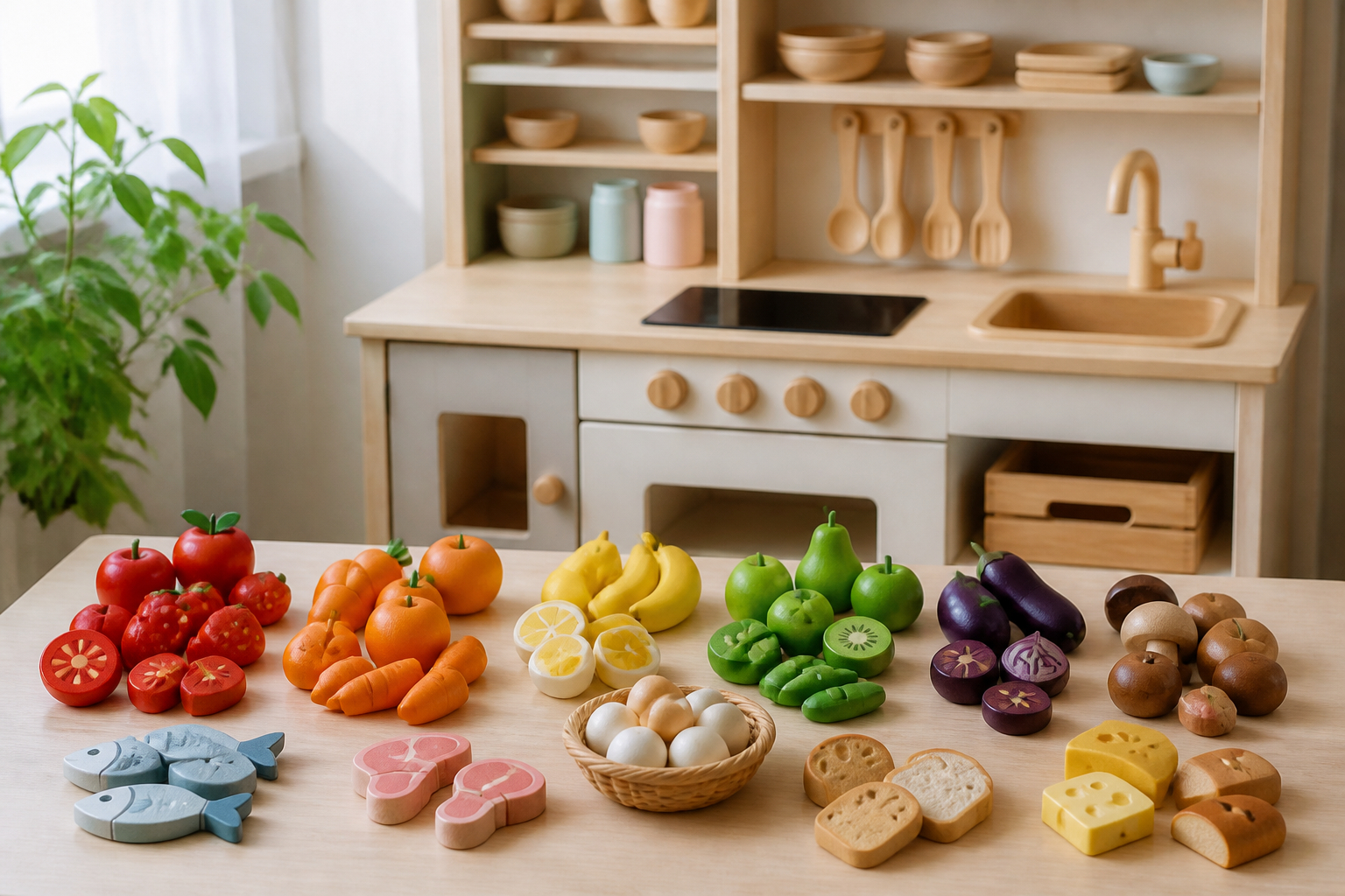Kinder sortieren Holzspielzeug-Lebensmittel in der Kinderküche