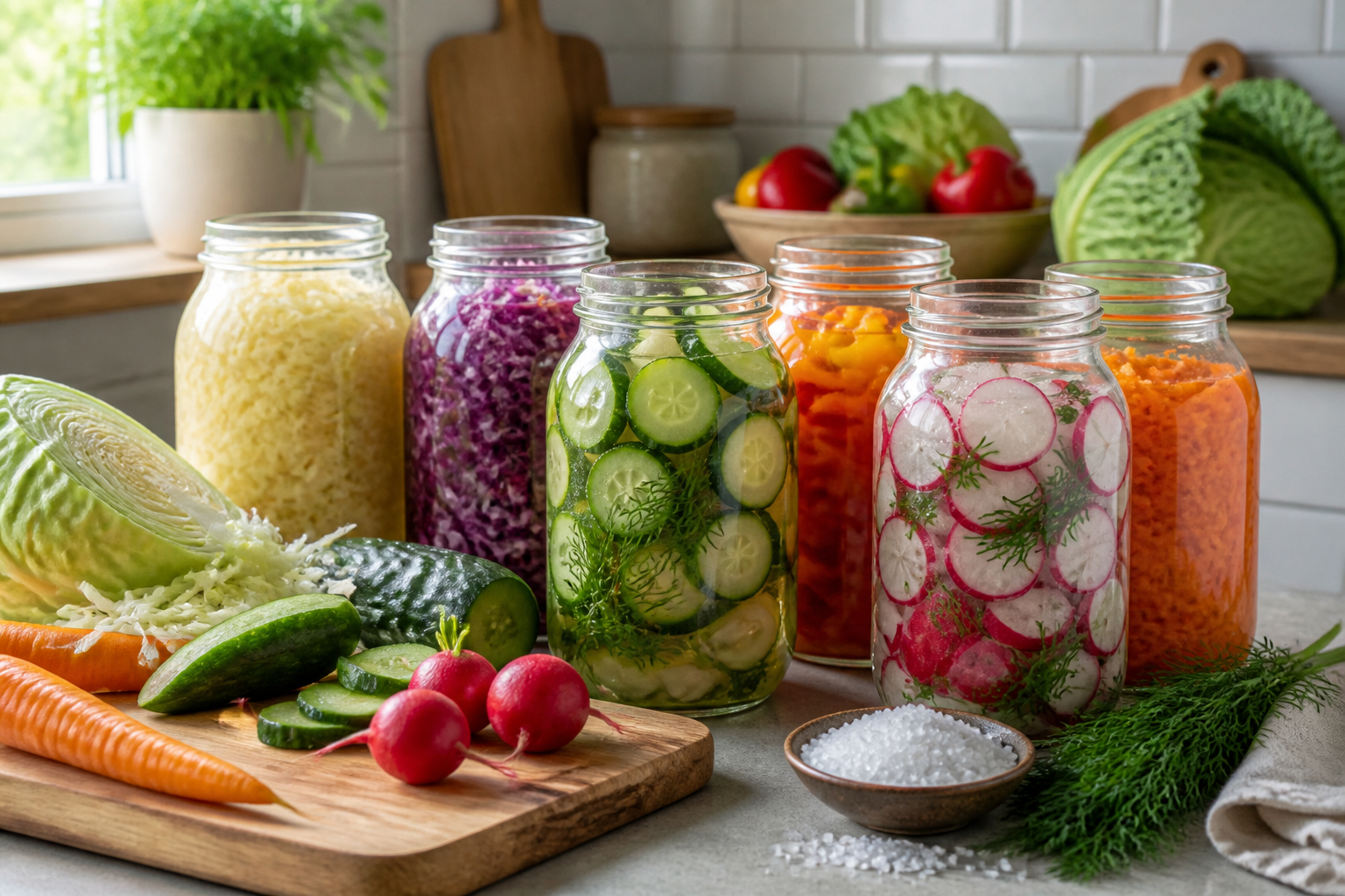 Frisches Gemüse und Fermentiergläser für Einsteiger
