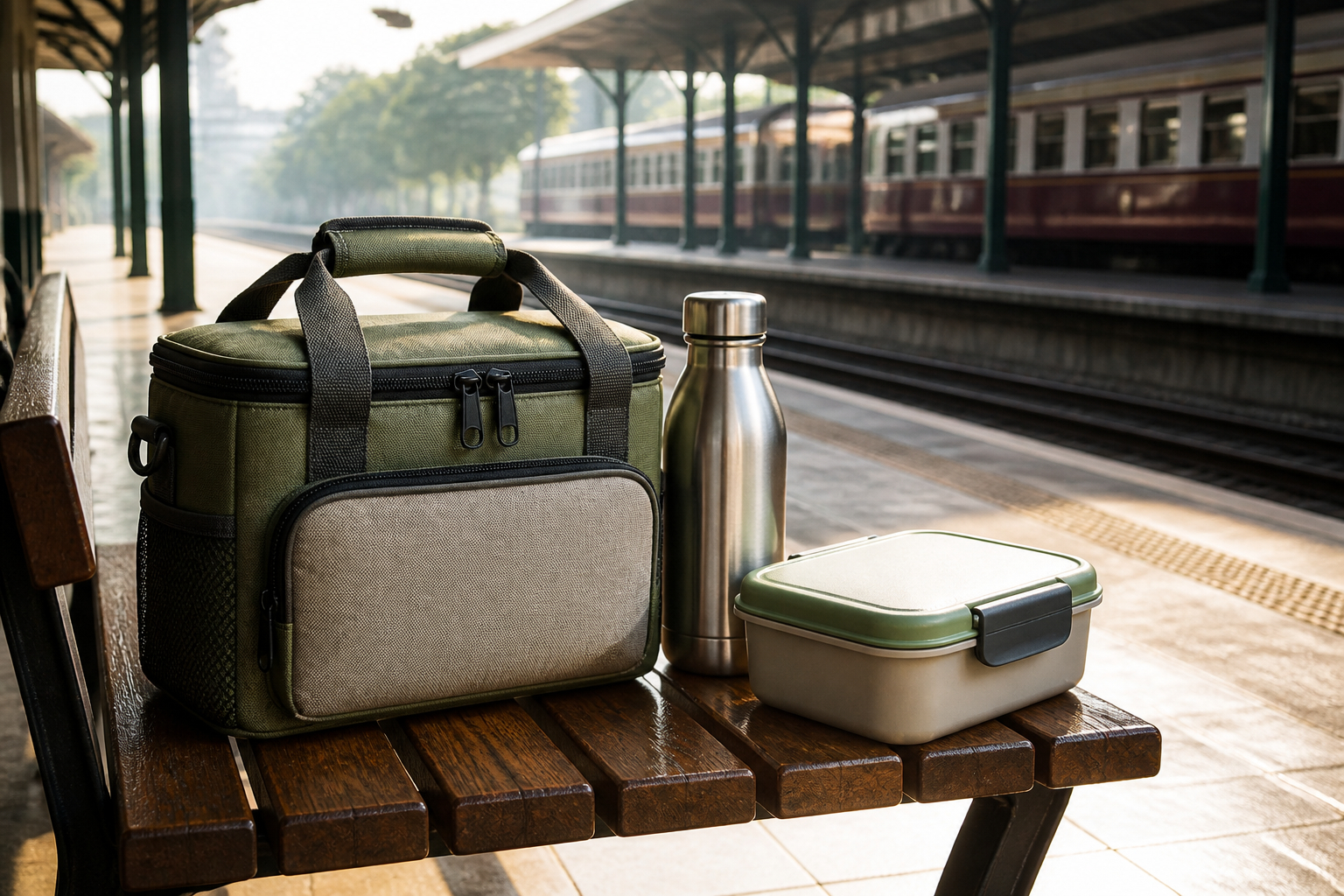 Kompakte Kühltasche für Picknick bei Bahnreise und Ausflug