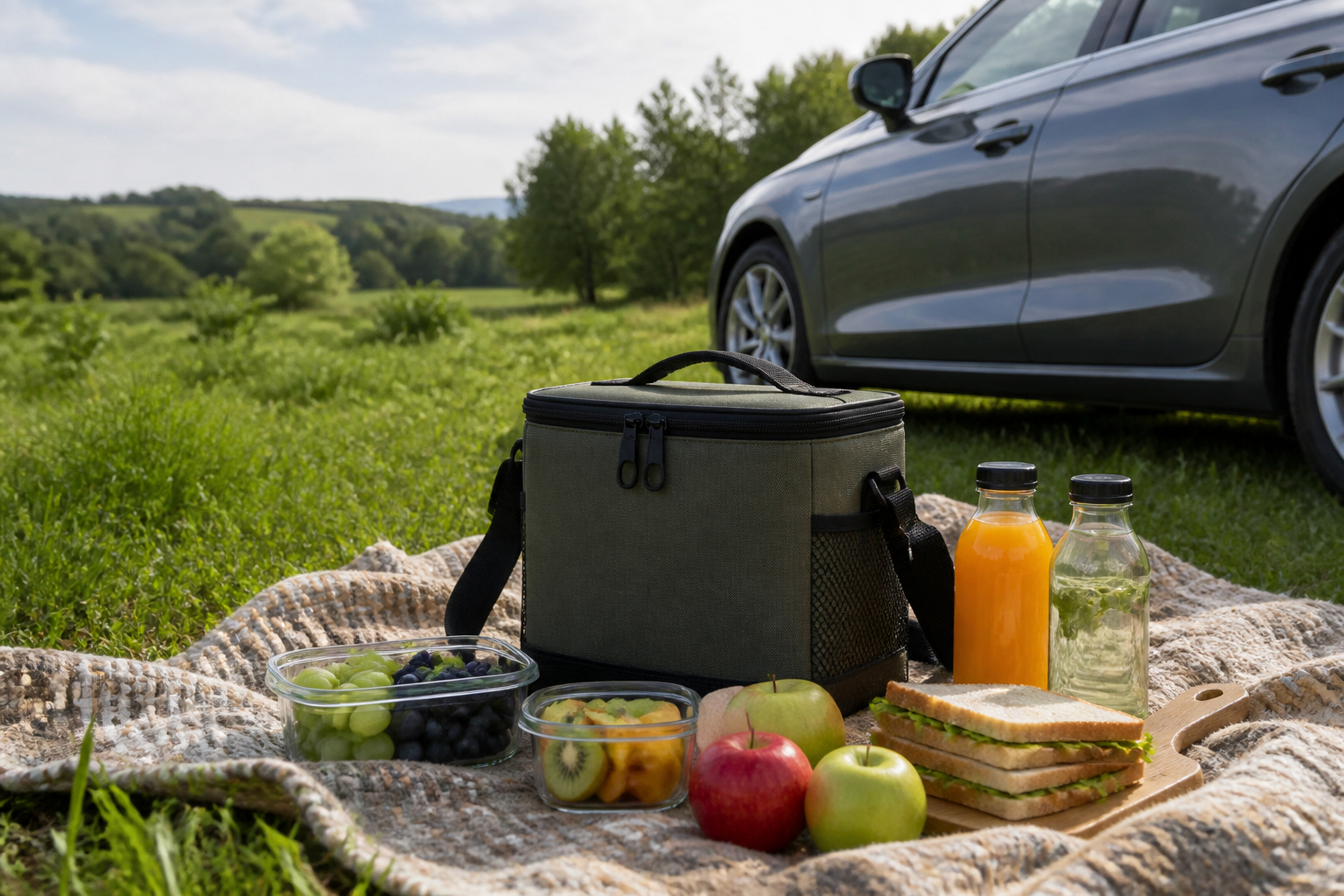Kompaktes Picknick auf Reisen mit Kühltasche und Snacks