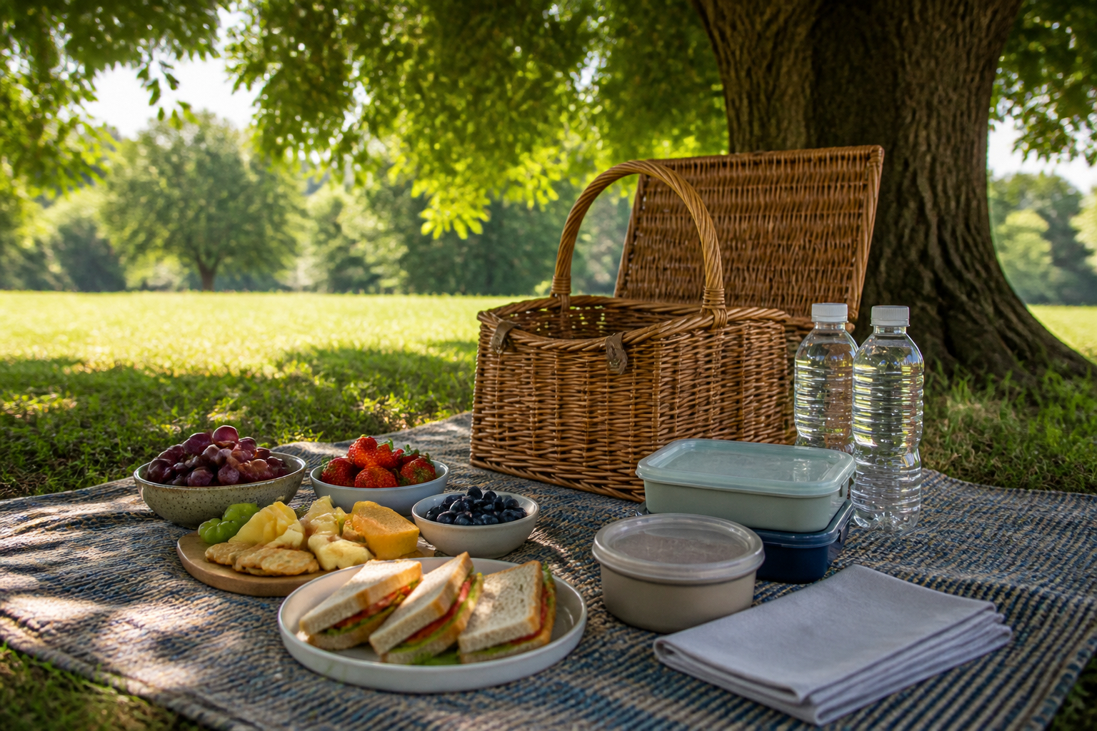 Appetitliches Picknick im Schatten mit vorbereiteten Speisen