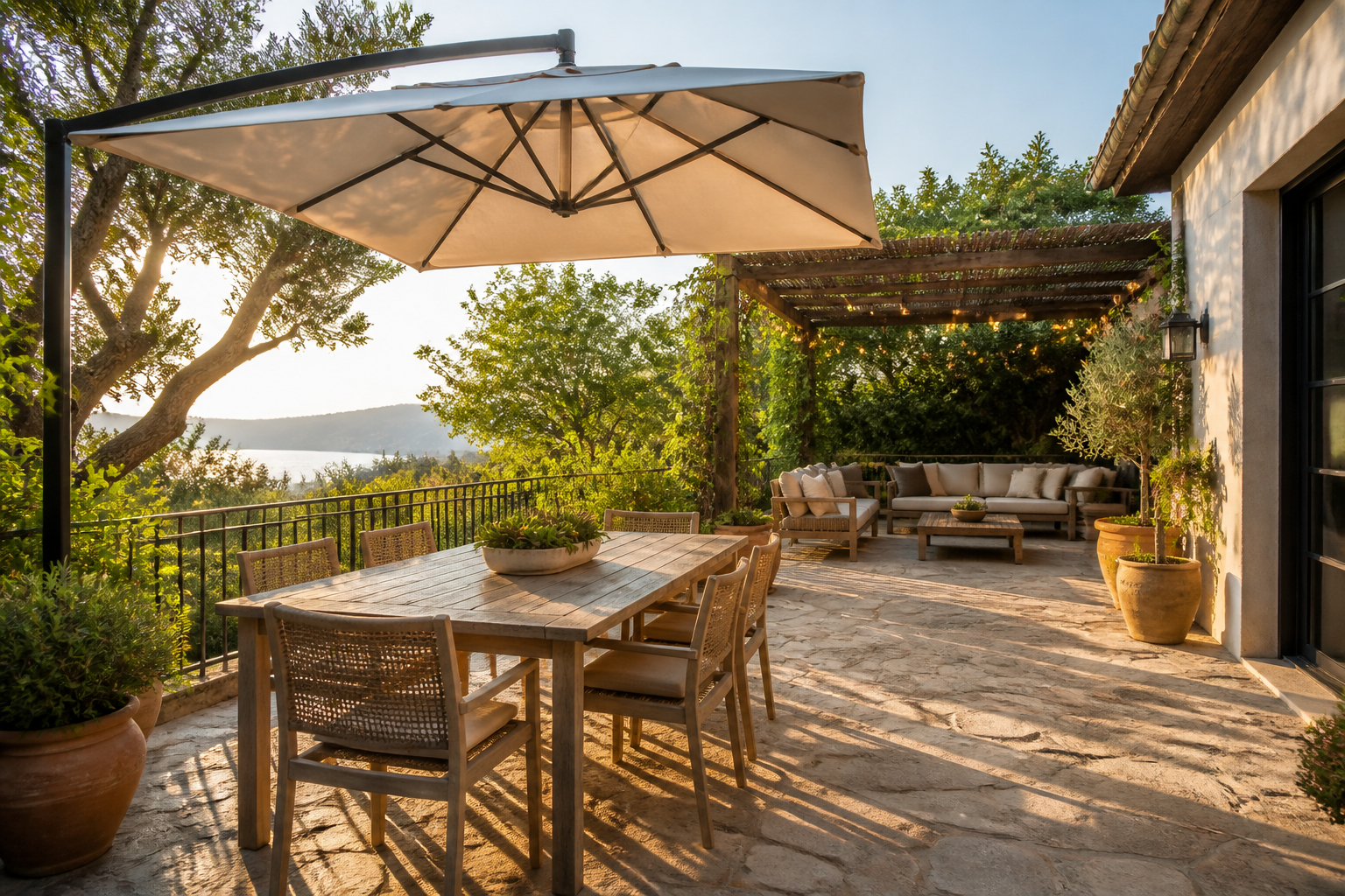 Sonnenschutz und Beleuchtung auf einer gemütlichen Terrasse