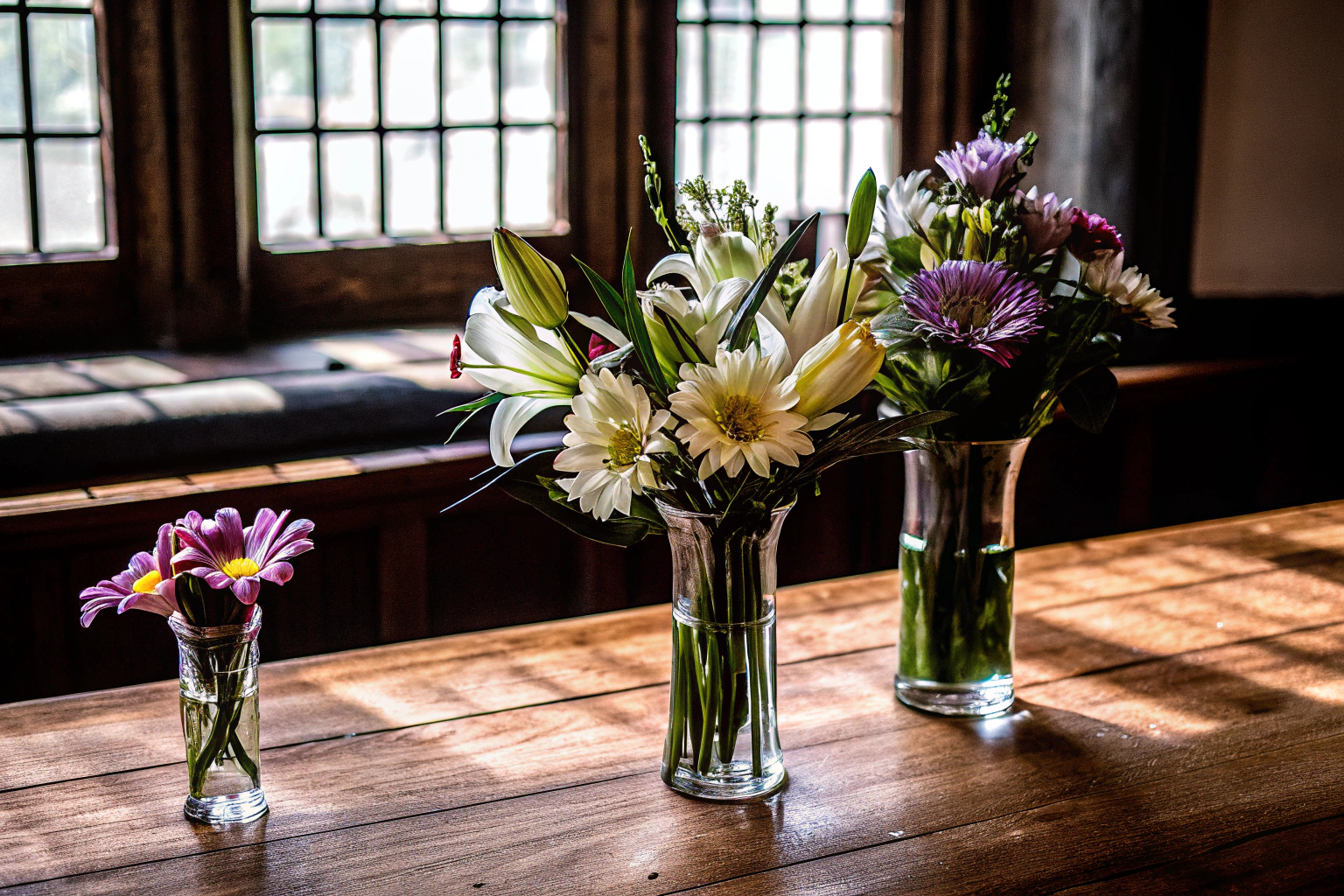 Glasvasen mit Blumen als Tischdekoration