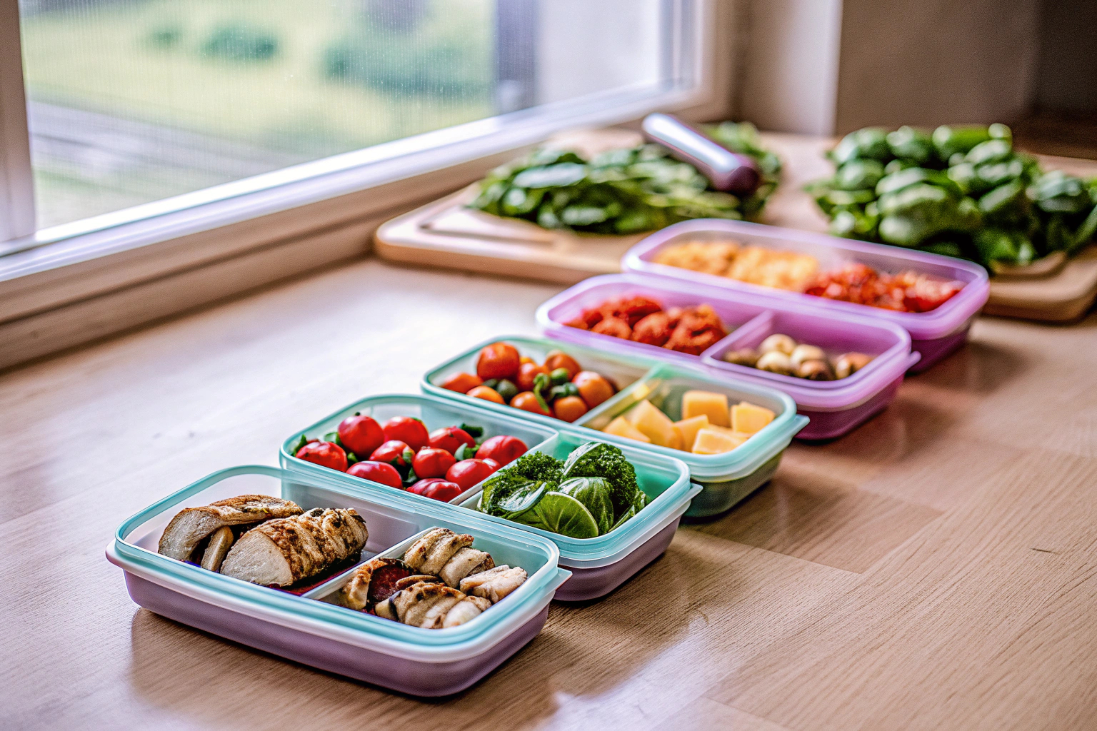 Meal Prep Behälter mit gesunden Mahlzeiten
