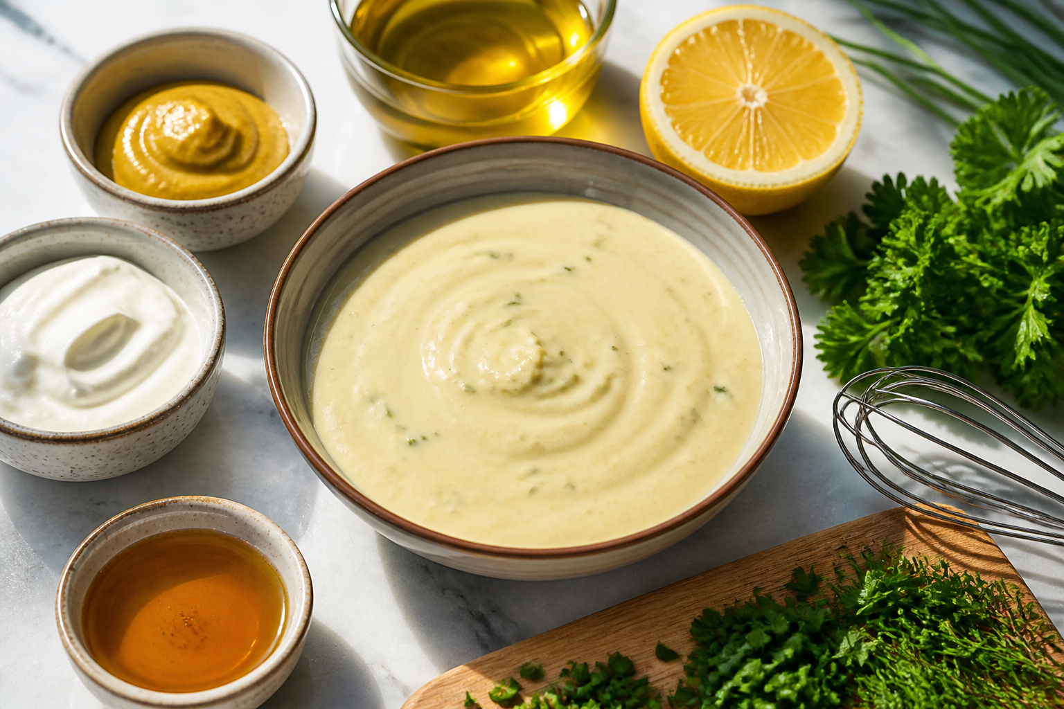 Zutaten für ein cremiges Salatdressing mit stabiler Emulsion