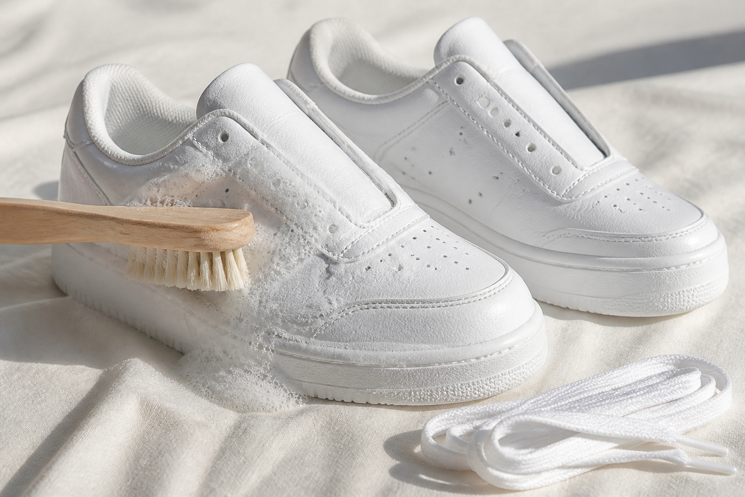 Weiße Sneaker mit Bürste und Reinigungsschaum vorsichtig reinigen