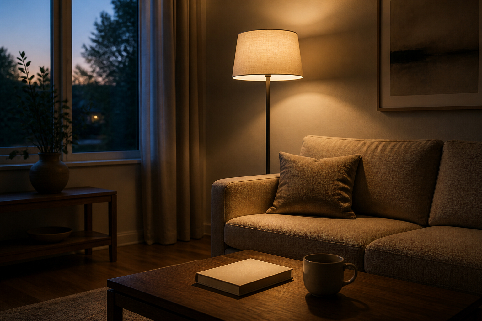 Stehlampe neben Sofa als gemütliches Wohnzimmerlicht