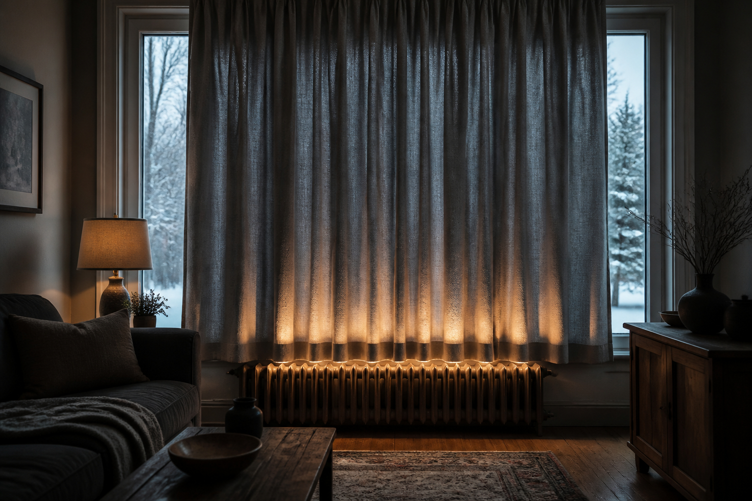Dichter Thermovorhang als zusätzlicher Wärmeschutz im Winter