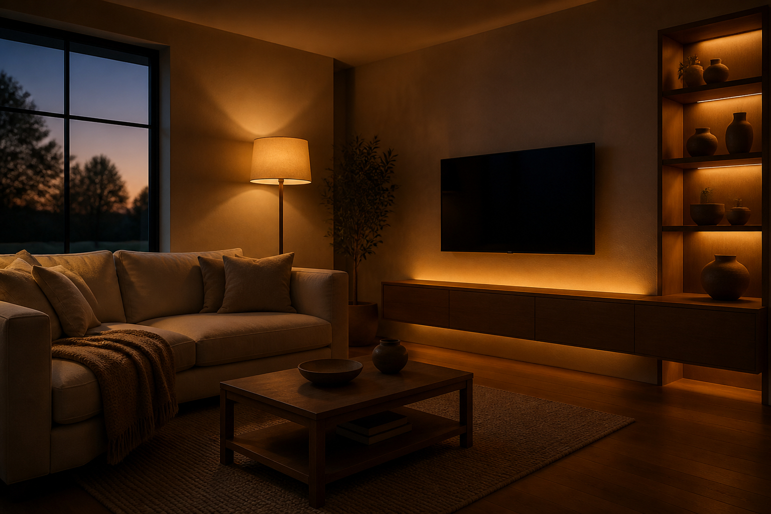 Wohnzimmer mit mehreren warmen Lichtzonen