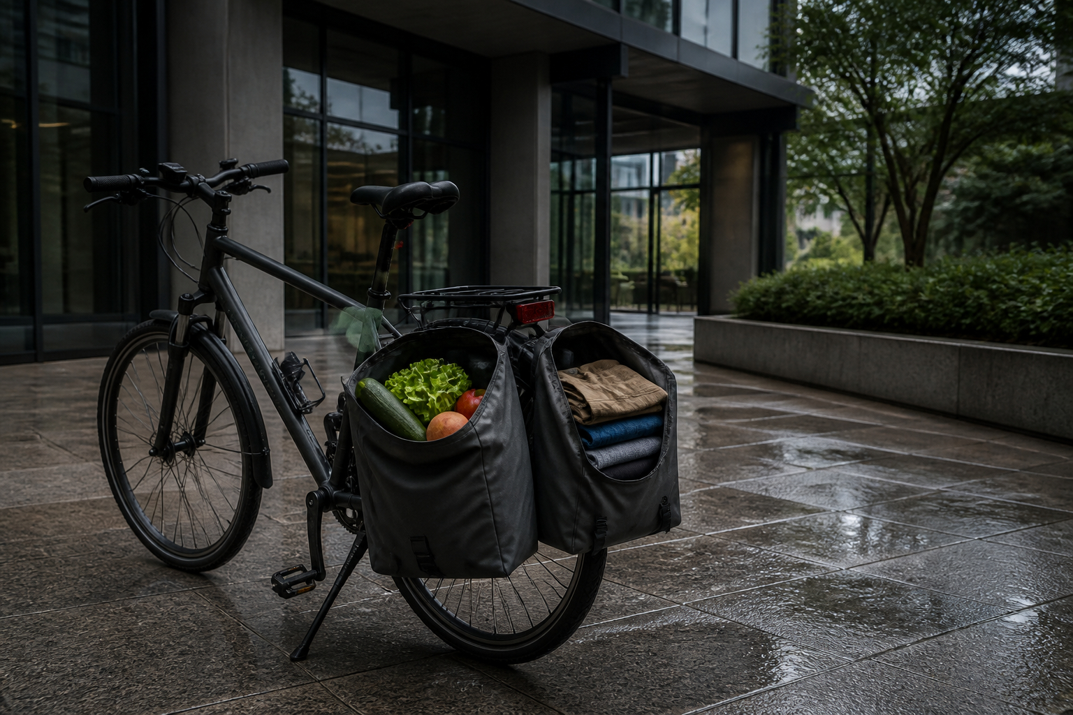 Zwei Fahrradtaschen am Trekkingrad vor dem Büro
